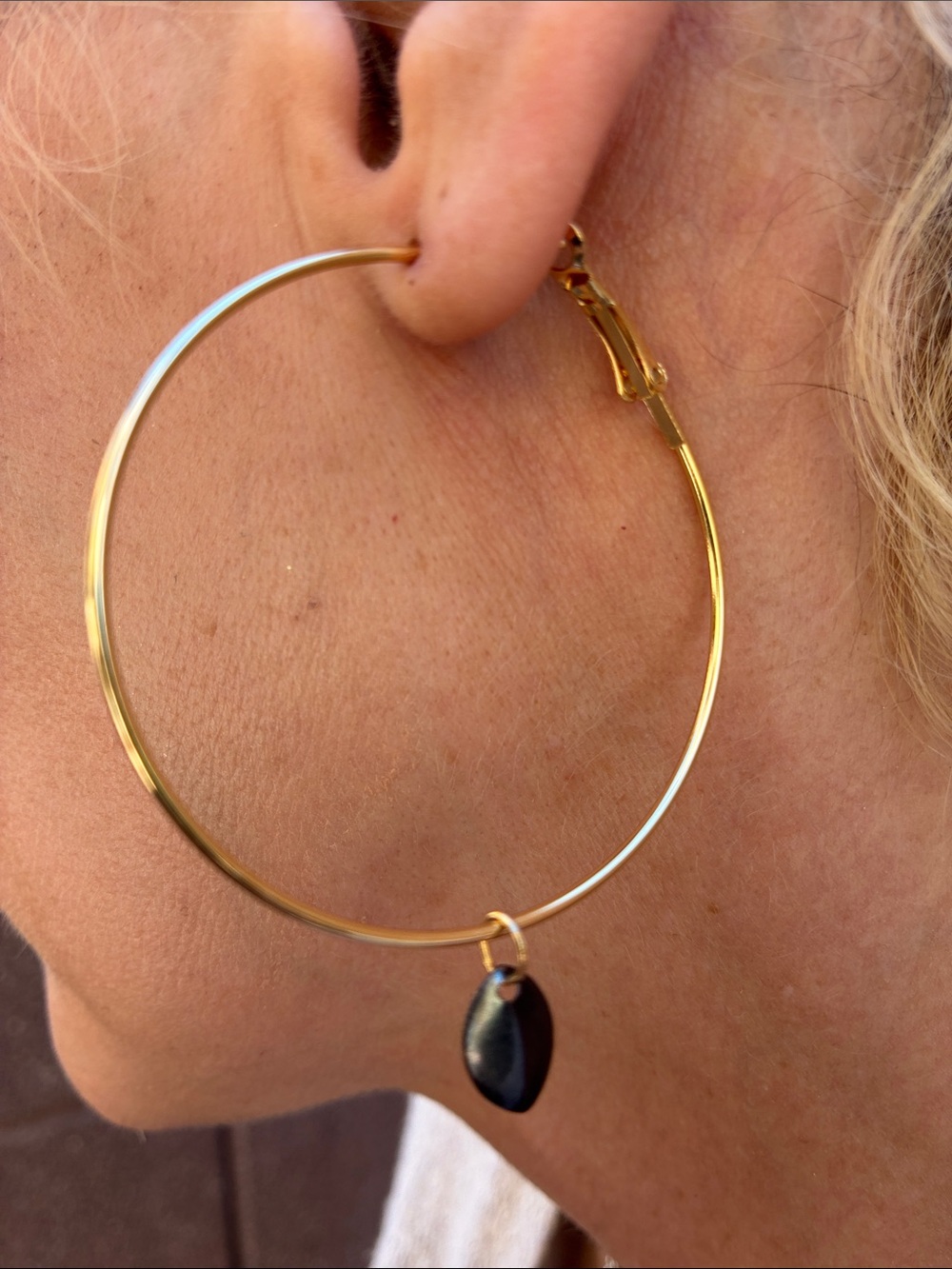 Gold Tone Hypoallergenic Hoop Earrings with Charcoal Charm Lightweight Slim 50mm